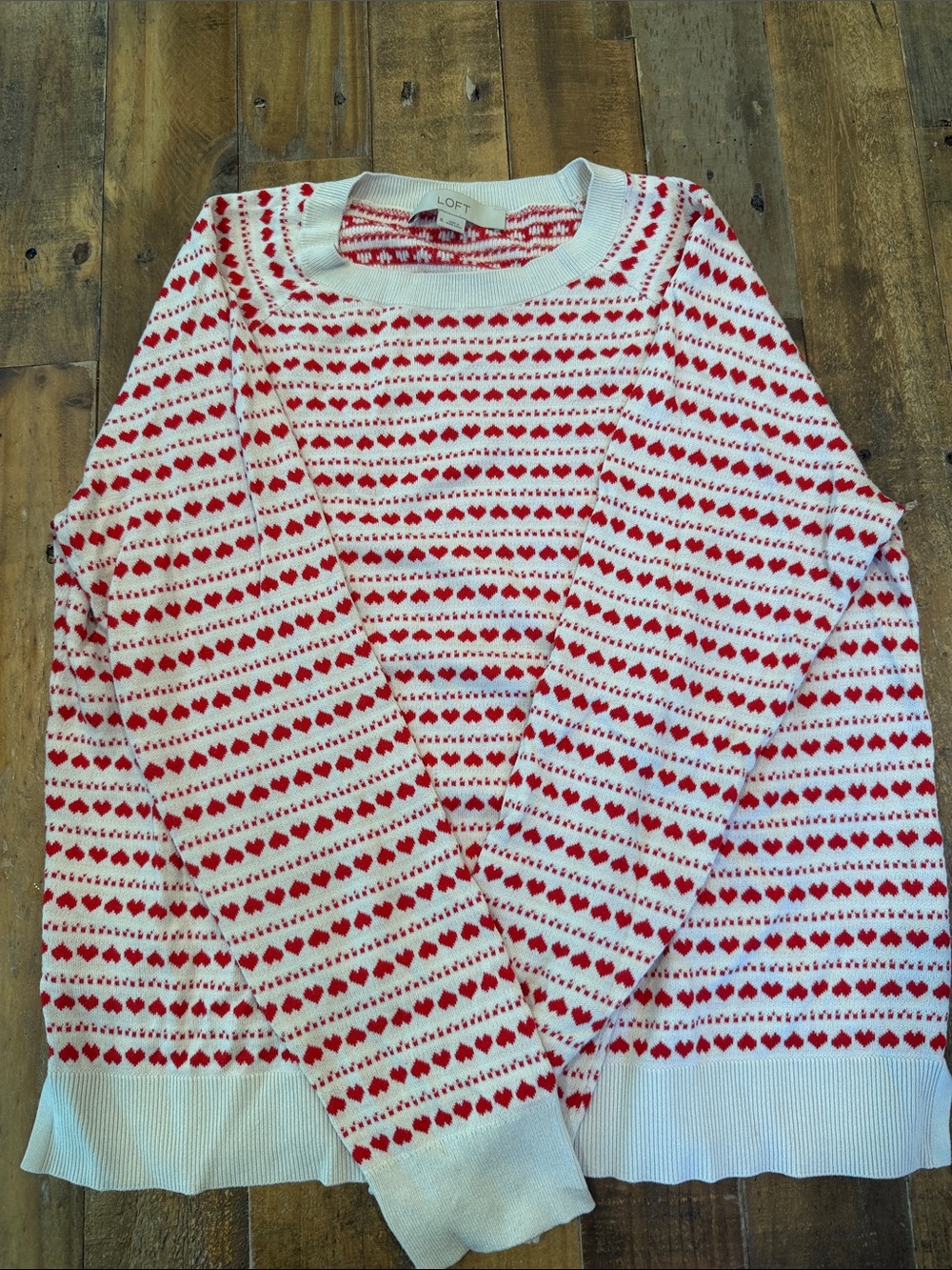 LOFT White Sweater with Red Heart Stripe Pattern